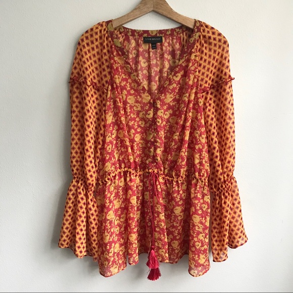 Lane Bryant Tops - Lane Bryant Boho Tassel Blouse Orange Top Floral